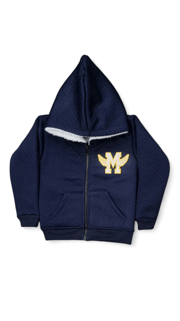 Navy Blue Embossed Fleece Jacket with Winged M