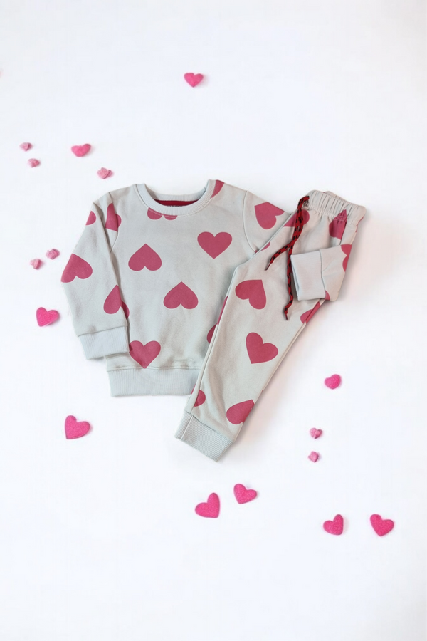 Red Skin Printed Hearts Fleece Sweatshirt & Trouser