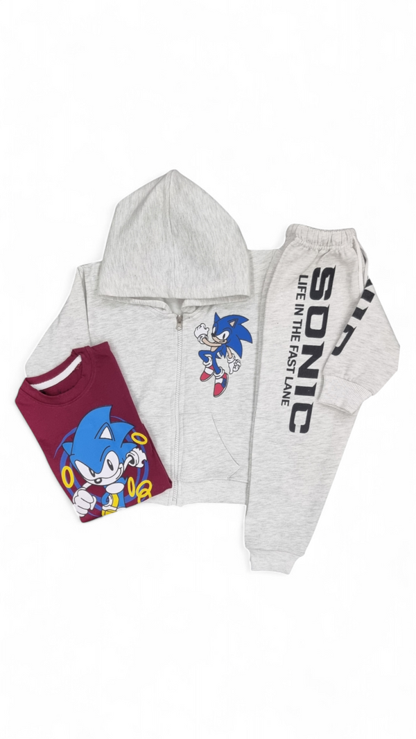 Fast Lane Sonic Fleece Hoodie-Trouser & Mehroon Sonic Tee (3pcs)