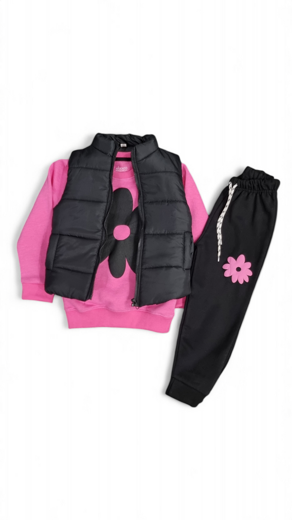 Black Jacket & Big Flower Bloom Fleece Sweatshirt Trouser 3pcs