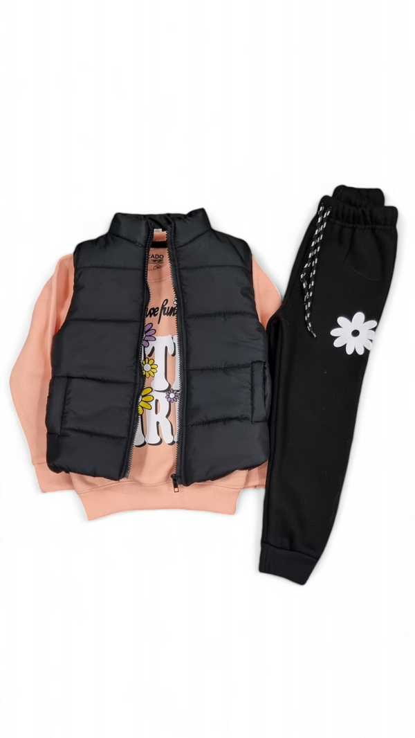 Black Jacket & Cute Girl Fleece Sweatshirt Trouser 3pcs