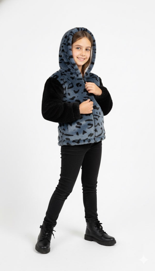 Dusty Blue Contrast Sleeve Cheetah Plush Fur Jacket