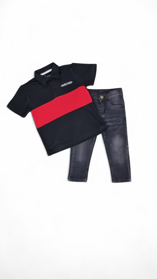 Black Red Panel Avocado Polo & Slim Fit Black Faded Jeans