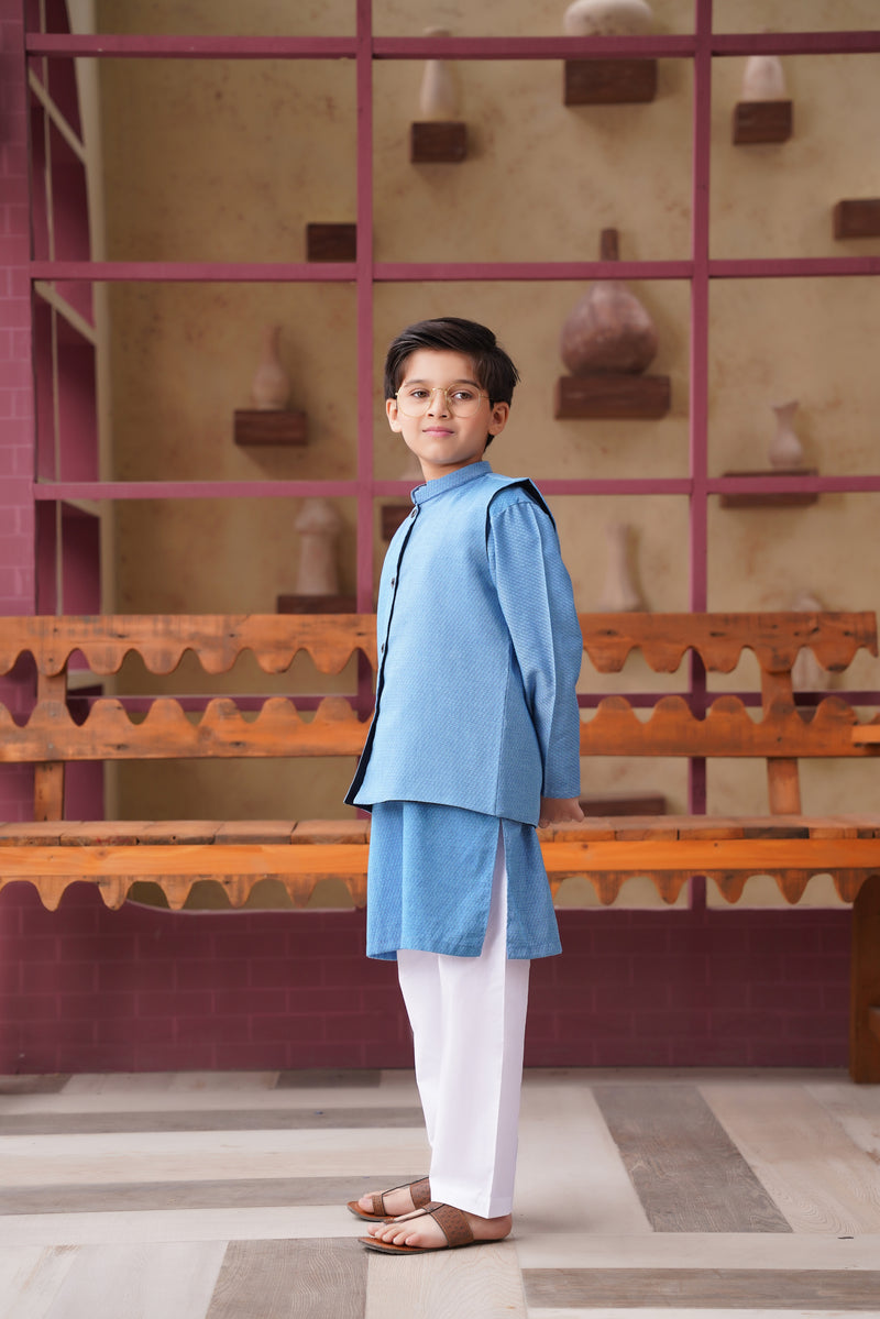 Azure Elegance Kurta With Matching Waistcoat & White Trouser (3pcs)