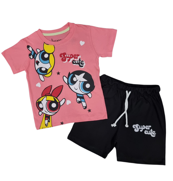 Super Cute Power Girl Pink Tee & Black Short