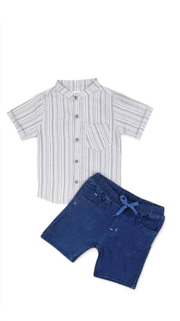 Striped Mandarin Collar Shirt with Navy Short