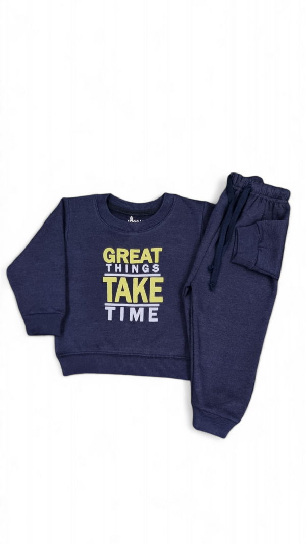 Great Things Take Time Navy Blue Fleece Sweatshirt & Trouser