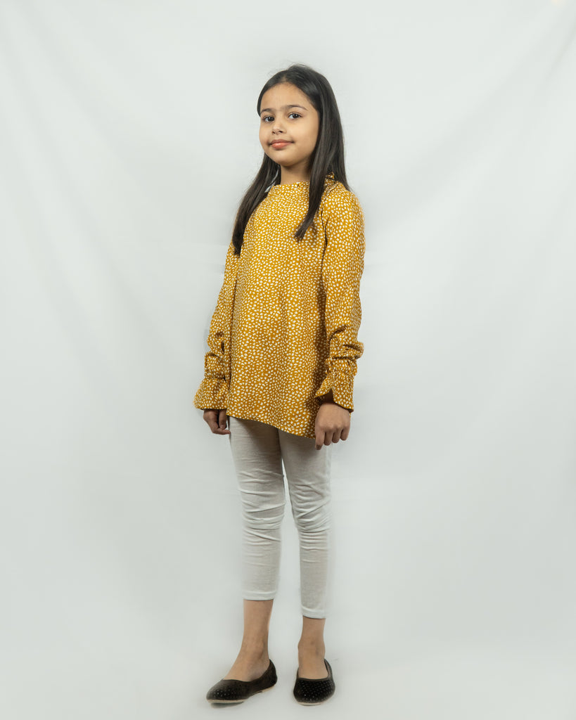 Mustard Printed Top & White tights